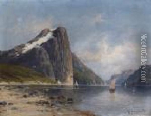 Norwegische Fjordlandschaft Mit Segelbooten Oil Painting - Johann Jungblutt