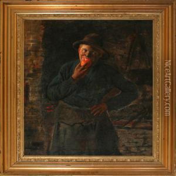 A Smith Apprentice Eating An Apple Oil Painting - Carl Christian E. Carlsen