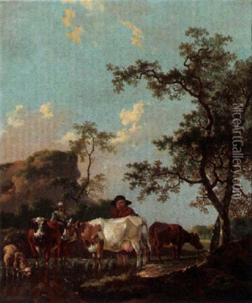 A Shepherd And Shepherdess Watering Their Herd Oil Painting - Barend Hendrik Thier