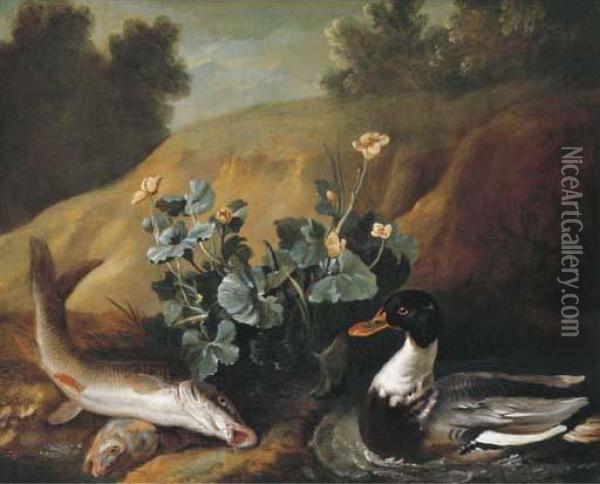 A Duck With Two Barbels At The Edge Of A Pond Oil Painting - Jean-Baptiste Oudry