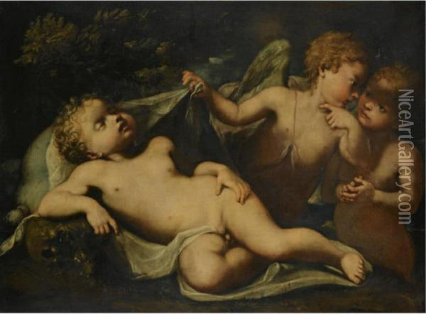 Cupid Asleep As Two Putti Whisper Beside Him Oil Painting - Ignazio Stern