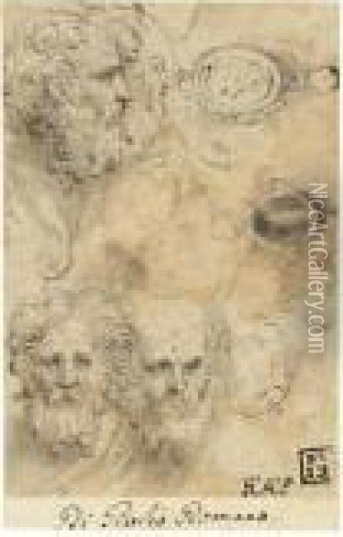 Sheet Of Studies With Four Heads
 Of Bearded Men One In Profile And Three Studies
 Of Pendant Jewels One With A Standing Figure 
And Another With An Oval Portrait Oil Painting - Girolamo Francesco Maria Mazzola (Parmigianino)