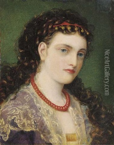 Portrait Of A Young Woman Wearing A Coral Bead Necklace Oil Painting - Emma Sandys