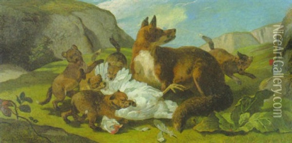 Fuchse, Die Ein Huhn Rupfen Oil Painting - Nikolas Moreau