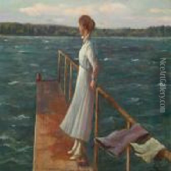 Young Woman In A White Dress On A Bathing Jetty Oil Painting - Olaf Simony Jensen