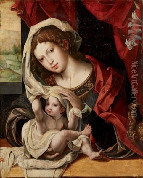 Vierge A L'enfant Pres D'un Grand Lys Blanc Dresse Dans Un Vase Oil Painting - Pieter Coecke van Aelst the Elder
