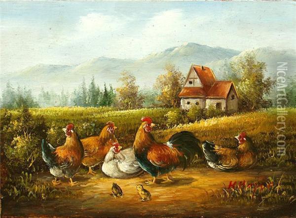 Huhnerhof Oil Painting - H.W. Hoppe