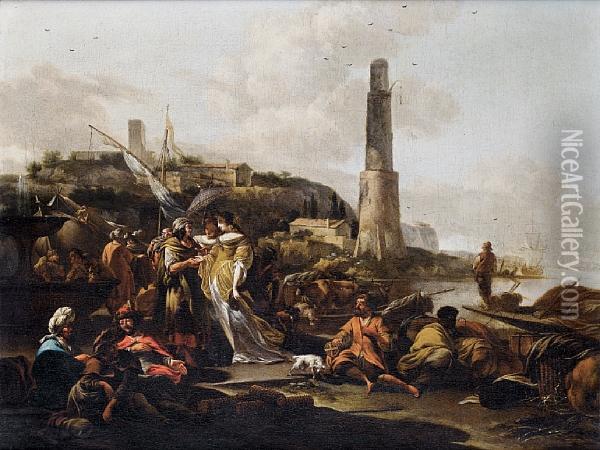 Figures On A Shore And A Fortune Teller, Amediterranean City In The Distance Oil Painting - Abraham Jansz Begeyn