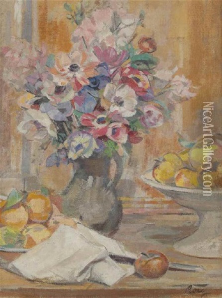 Anemones And Fruits On A Table Oil Painting - Joan Roig Soler