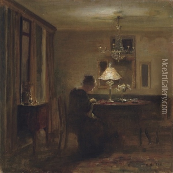 Kvinde I Et Interior - Lady In An Interior Oil Painting - Carl Vilhelm Holsoe