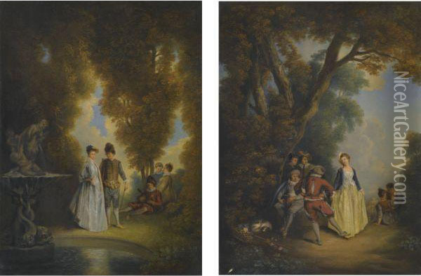 An Outdoor Scene With An Elegant Couple By A Fountain Oil Painting - Watteau, Jean Antoine