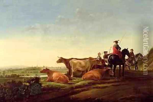 An extensive river landscape with a herdsman pointing the way Oil Painting - Aelbert Cuyp