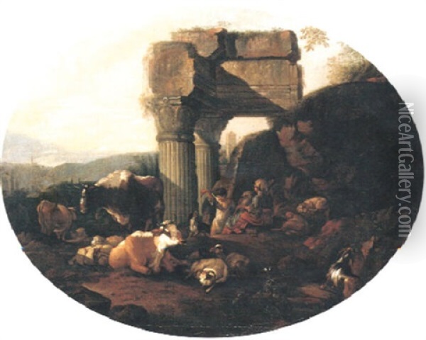 Ruinlandskap Med Boskap Oil Painting - Johann Heinrich Roos