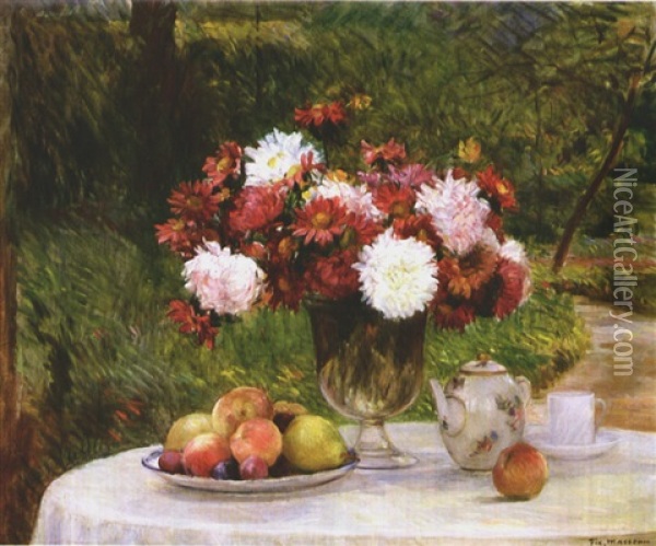 Flowers, Fruit, A Teapot And A Teacup Oil Painting - Pierre Felix Fix-Masseau