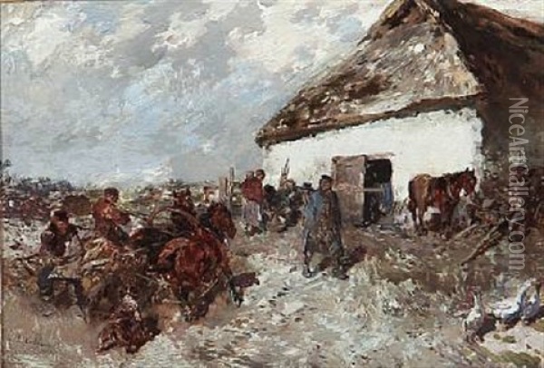 Farm Yard With Person And Animals Oil Painting - Gregor von Bochmann the Elder