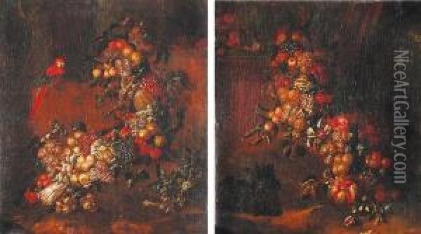 Nature Morte Con Frutta, Verdura E Pappagallo Oil Painting - Giacomo Ceruti (Il Pitocchetto)