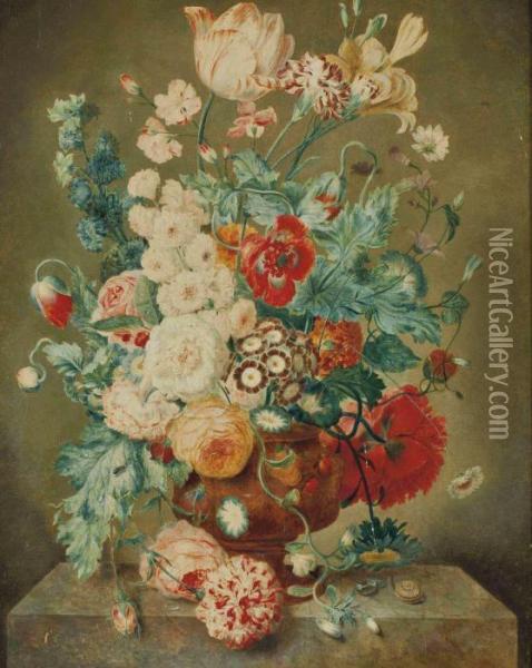 Fleurs Dans Un Vase Sur Un Rebord En Pierre Oil Painting - Jan Van Huysum