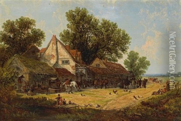 Figures By An Inn (+ Another; Pair) Oil Painting - John Holland