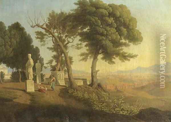Women conversing in a classical garden, an Italianate landscape beyond Oil Painting - Abraham Teerlink