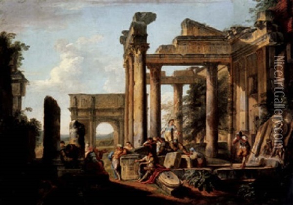 A Capriccio Of Classical Ruins With Soldiers And Other Figures Oil Painting - Hubert Robert