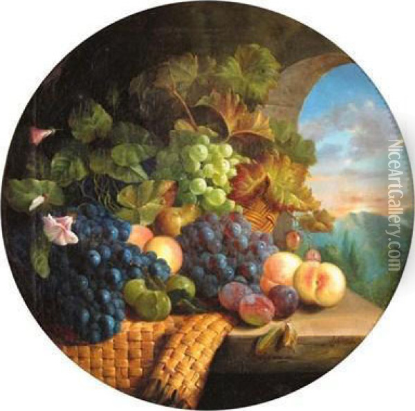 Still Life Of Grapes, Vines And Fruit On A Ledge Oil Painting - Joshua, Cook Snr.