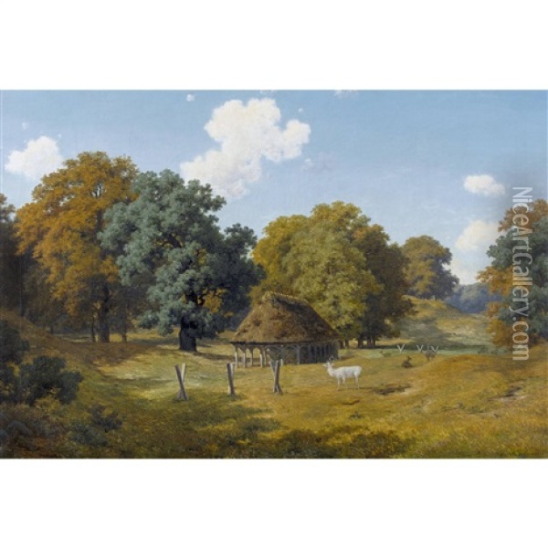 Waldlichtung Mit Hirsch Oil Painting - Axel Thorsen Schovelin