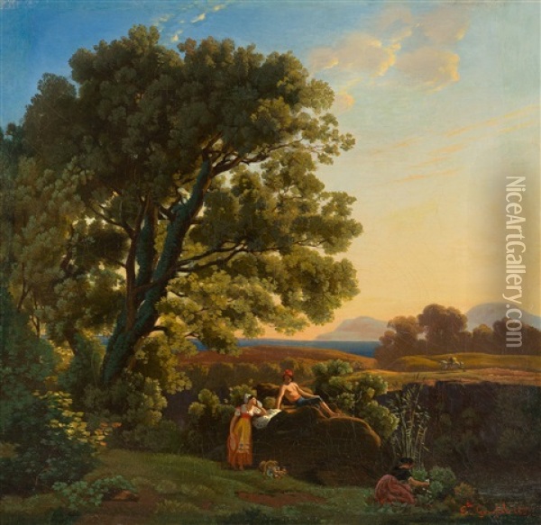Arkadische Landschaft Mit Einem Liebespaar Und Einem Reiter Oil Painting - Ernest Goupil