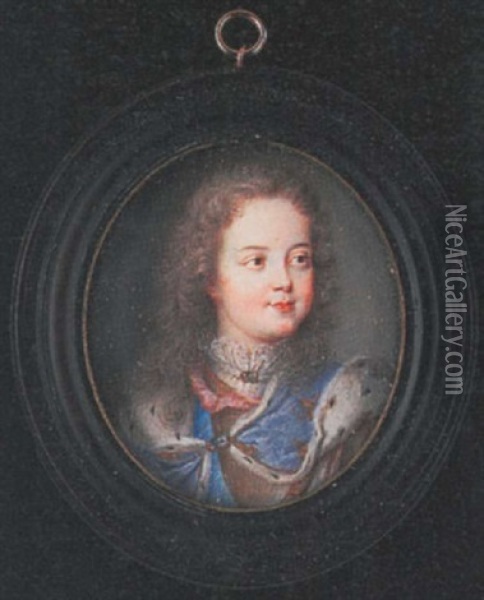 Louis Xv As A Child, Wearing Ermined Lined Blue Cloak Held With A Sapphire Brooch, Pink Ribbon And Armoured Breast-plate Over White Lace Chemise With Matching Brooch Oil Painting - Benjamin Arlaud