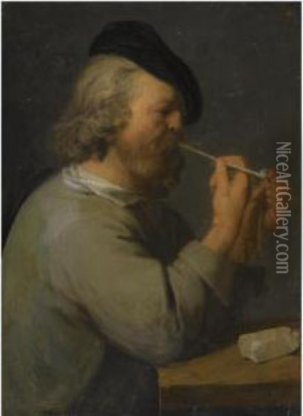 Study Of A Man Seated At A Table, Bearing A Black Beret And Lighting A Pipe Oil Painting - David The Younger Ryckaert