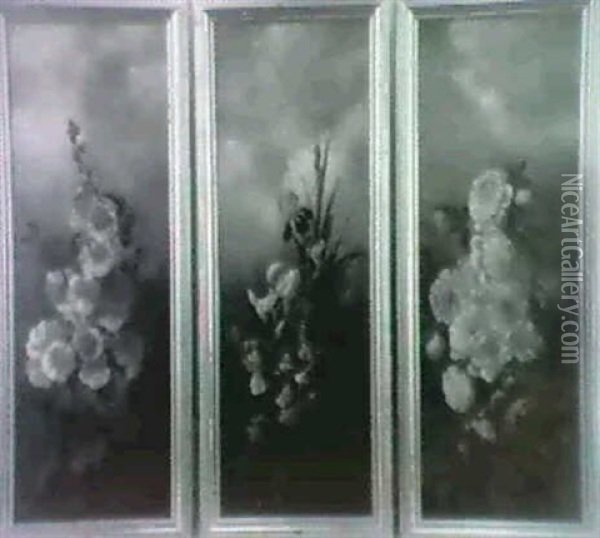 Hollyhocks, Irises And Morningglories: Three Paintings Oil Painting - Carducius Plantagenet Ream