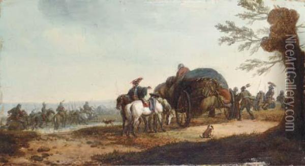 A Supply Wagontrain With Cavalry Beyond Oil Painting - Joseph Swebach-Desfontaines