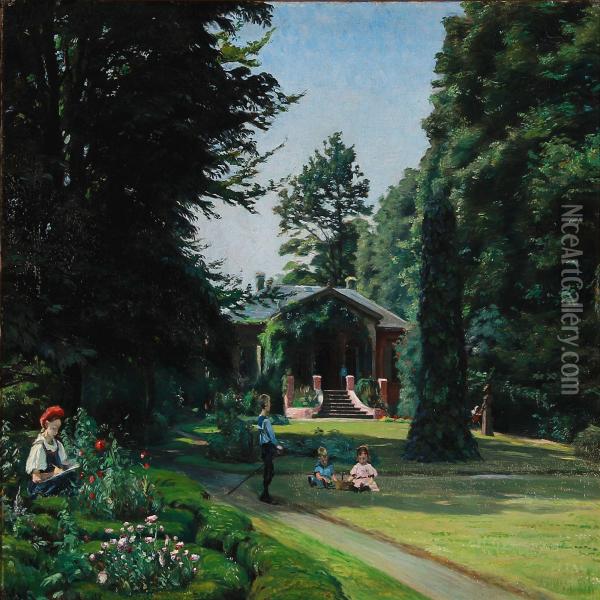 The Danish Politician Holger Hammerichs Children Playing In A Villa Garden At Strandboulevarden, Denmark Oil Painting - Frederik Lange