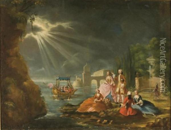Personnages Au Bord De L'eau Oil Painting - Watteau, Jean Antoine