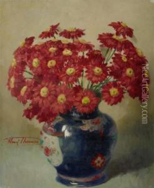 Red Marguerites In A Blue Chinese Vase Oil Painting - Henry Thomas