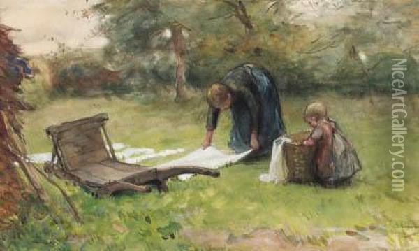 Helping Mother Doing The Laundry Oil Painting - Bernardus Johannes Blommers
