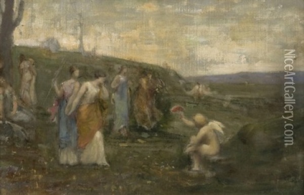Allegorie: Cupidon Et Les Muses Oil Painting - Jean-Ernest Aubert