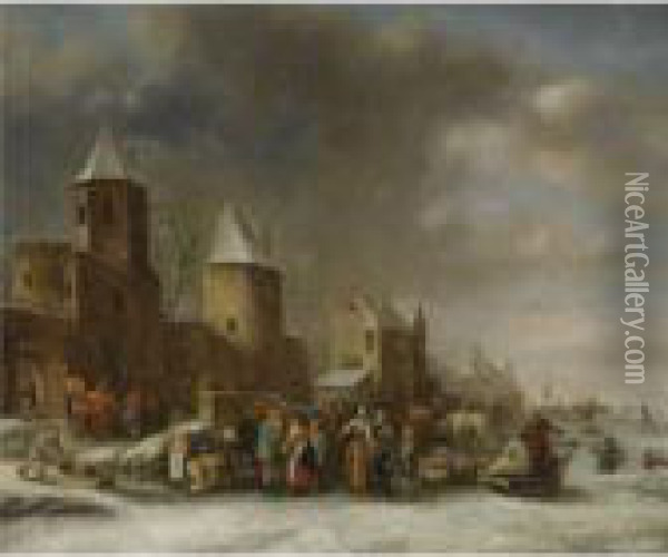 A Winter Landscape With Figures On A Frozen River Outside The Wallsof A Town Oil Painting - Claes Molenaar (see Molenaer)
