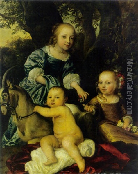Portrait De Groupe Des Trois Enfants De L'electeur De Baviere Oil Painting - Caspar Netscher