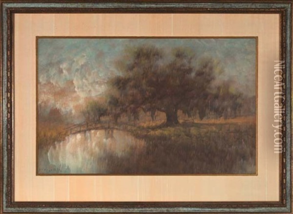 Louisiana Bayou Scene With Oak Tree And Bridge Oil Painting - Alexander John Drysdale