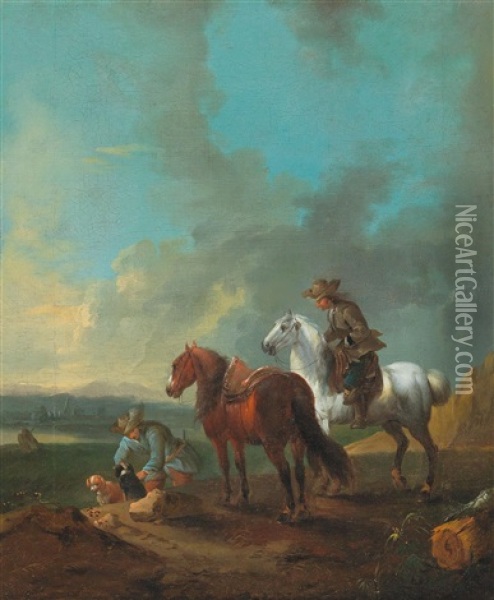 A Landscape With Two Horsemen And Their Dogs Oil Painting - August Querfurt