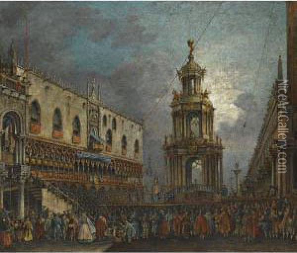 Venice, A View Of The Piazzetta At Carnival Oil Painting - Francesco Zanin