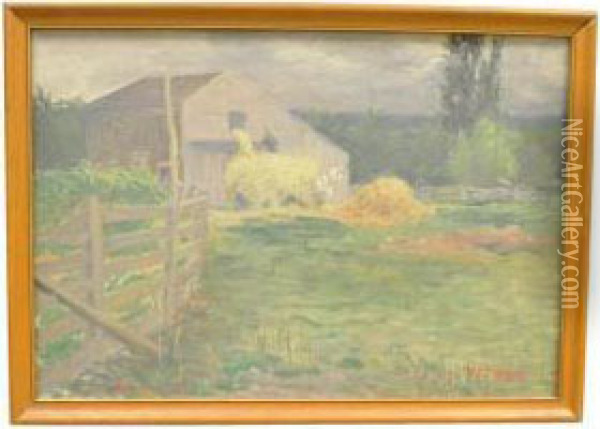 Landscape With Man On Haywagon At Grey Barn Oil Painting - Harold A. Streator