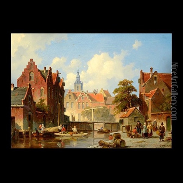 Dutch Canal Scene Oil Painting - Jacques Francois Carabain