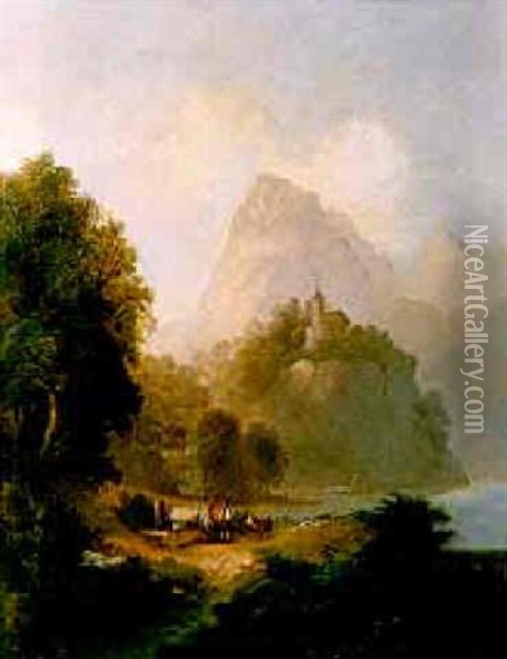 Figures Beside A Well In A Mountainous Lake Landscape Oil Painting - Franz Barbarini