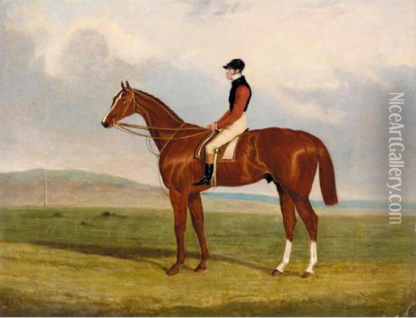 Elis, A Chestnut Racehorse With 
John Day Up Wearing The Colours Of Lord Lichfield, A Racecourse Beyond Oil Painting - John Frederick Herring Snr