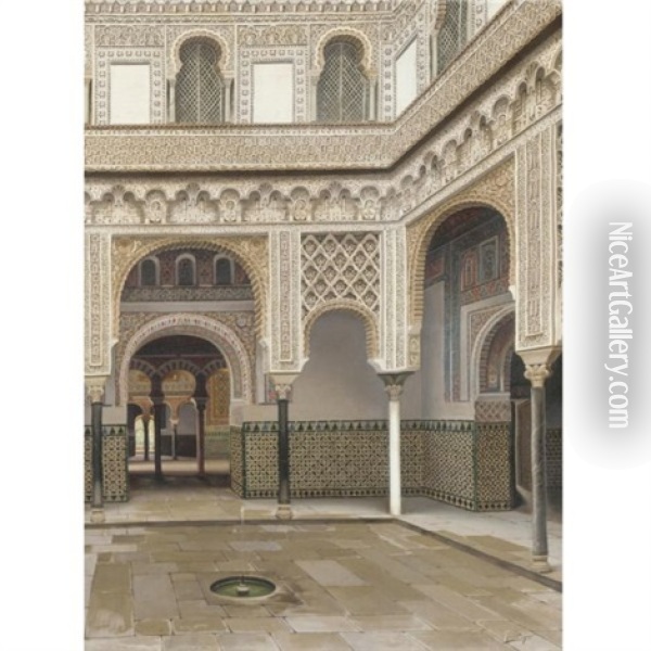 Fuente En Un Patio Moro (fountain In A Moorish Courtyard) Oil Painting - Fernando Liger Hidalgo