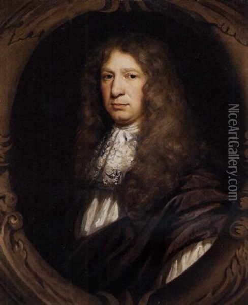 Portrait Of Sir John Streynsham Master In Brown Robes Oil Painting - John Riley