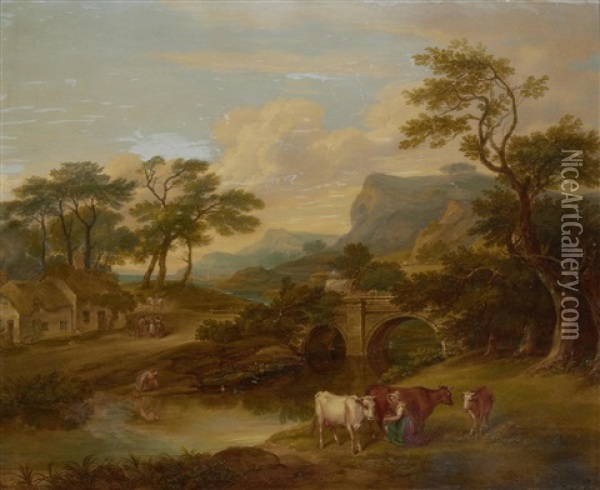 Rustics By An Overshot Mill (+ Milkmaid By A Stream; Pair) Oil Painting - James Leakey