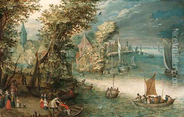 A wooded river landscape with travellers at a landing stage near a town, kaags, rowing boats and a ferry on the river Oil Painting - Jan Brueghel the Younger
