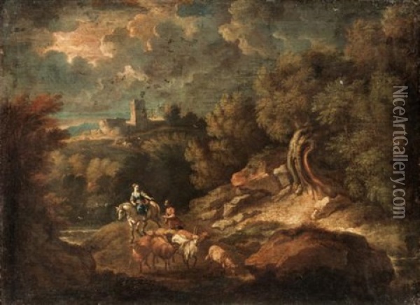 Italianate Landscape With A Drover And Their Animals Beside A River, A Hill Top Town Beyond Oil Painting - Pieter Mulier the Younger